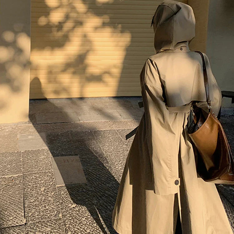 Spring Autumn Long Oversized Light Khaki Trench Coat for Women with Hood Double Breasted Loose Casual Overcoat 2024