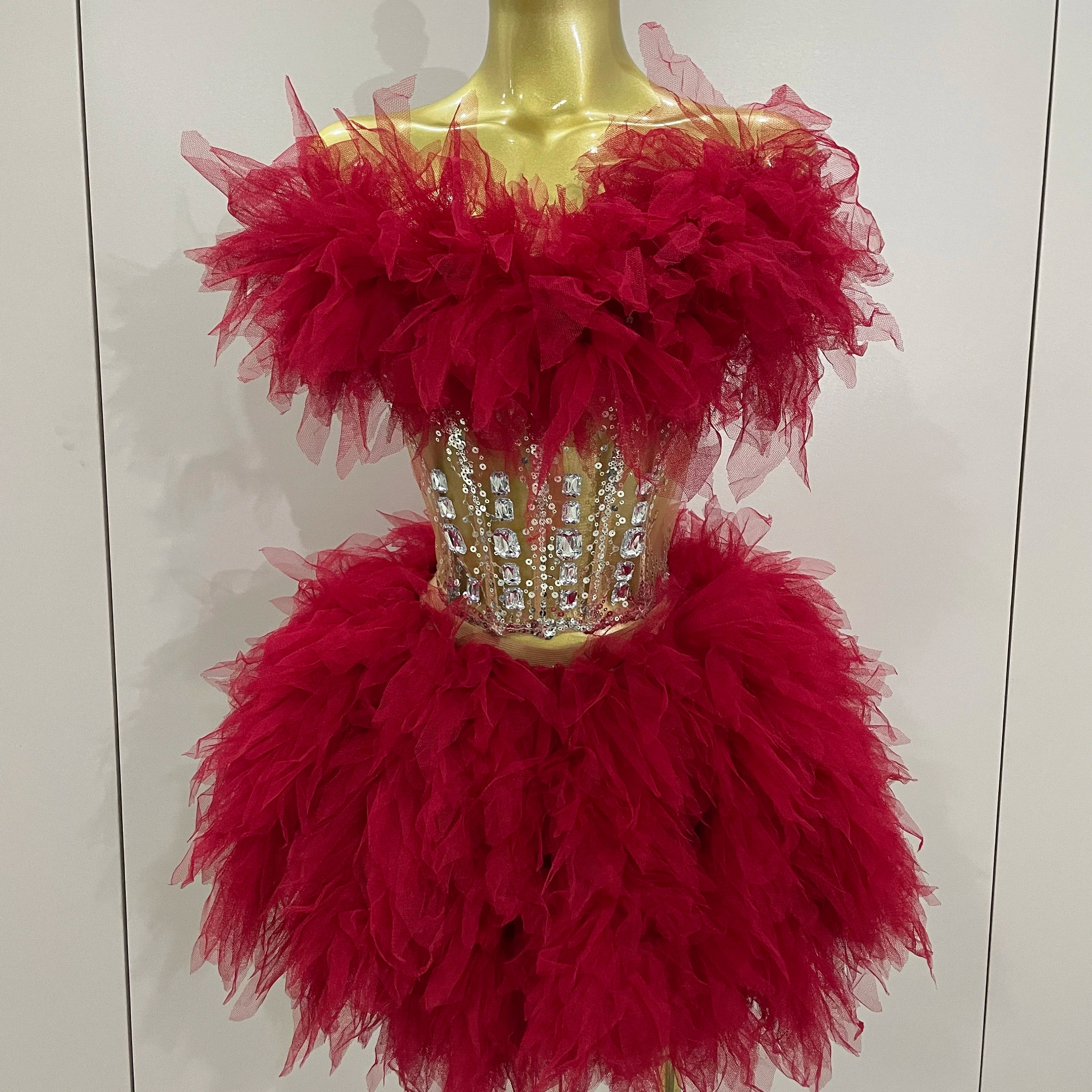 2025Women Sexy Backless Strap Mesh Fluffy Skirt 2 Pieces Diamond Sequins Stage Performance Costume Birthday Party Shooting Dress Red
