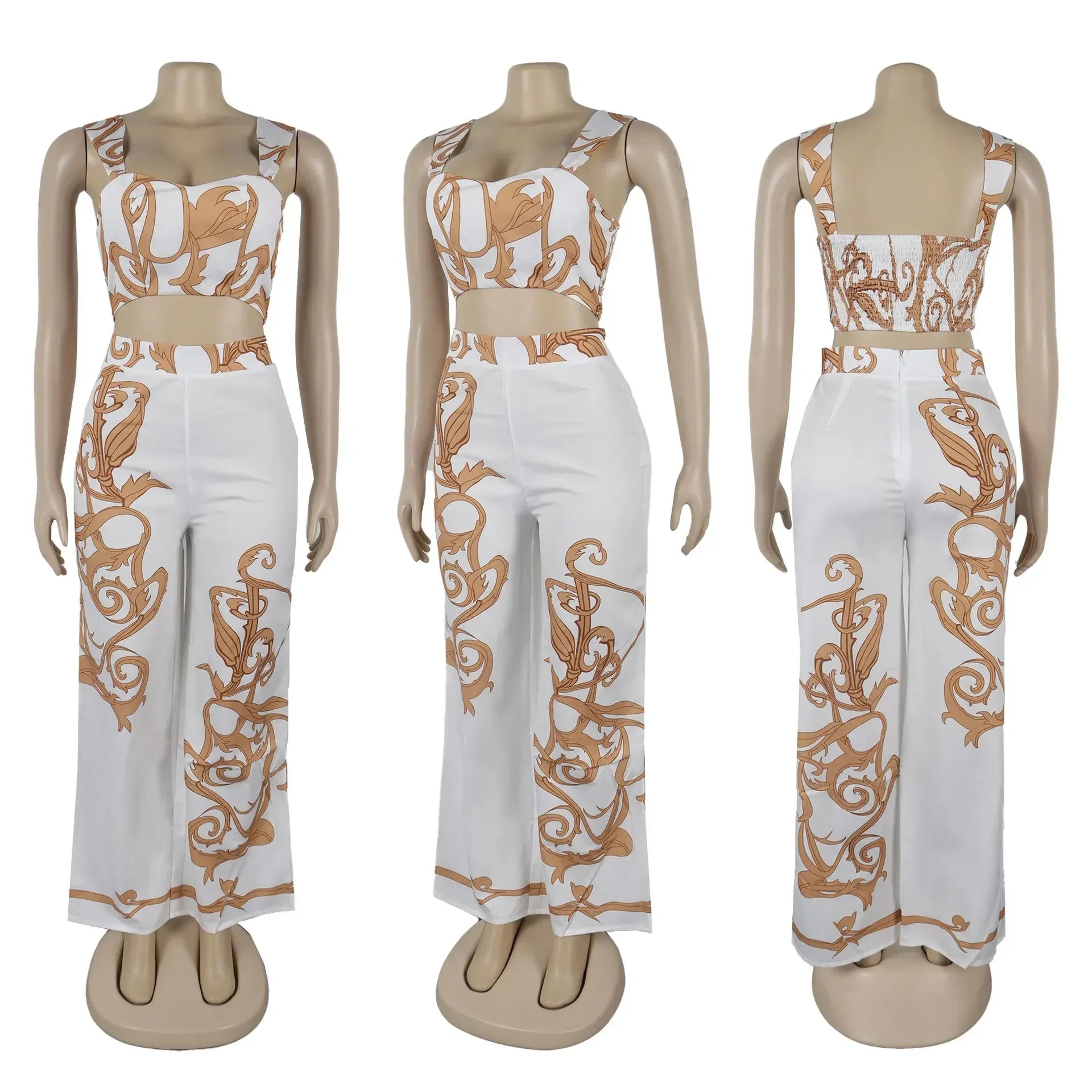 2024 Summer Women's Set Sleeveless Strapless Tops +Wide Leg Pants Print Party Street Two 2 Piece Sets Outfits Tracksuit