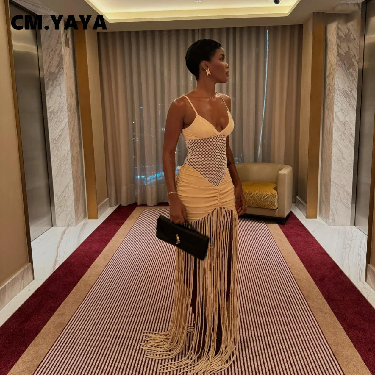 Women Spaghetti Strap V-neck Sleeveless Tassel Hollow Out Midi Maxi Dress Sexy Birthday Night Party Vestidos Dresses