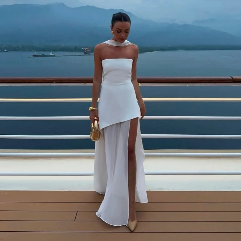 Elegant Off Shoulder Irregular Hem With Scarf Women Fashion Sleeveless Backless Slim Fit Long Dress 2025 New Summer Party Robes White