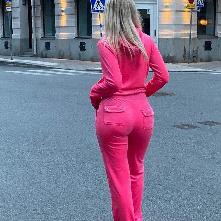 Women Autumn Winter Outfits Casual Zipper Sweater Hoodie Set High Waist Skinny Pants Suits Knitted Womens Y2k Two Piece Set Rose Pink