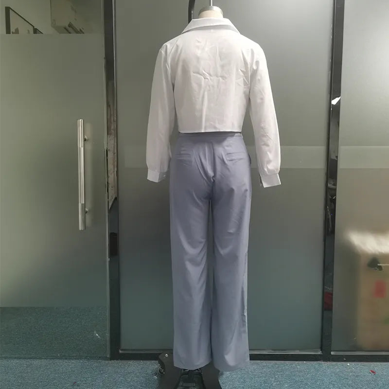 Women Two Piece Set Autumn Office Simple Solid Lapel Long Lantern Sleeve Single Breasted Button Shirt Top Loose Pants Set