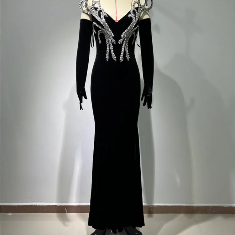 2024 Women Long Sleeve With Gloves Off the Shoulder Floor-Length Dress Elegant Evening Party Prom Dress Vestido