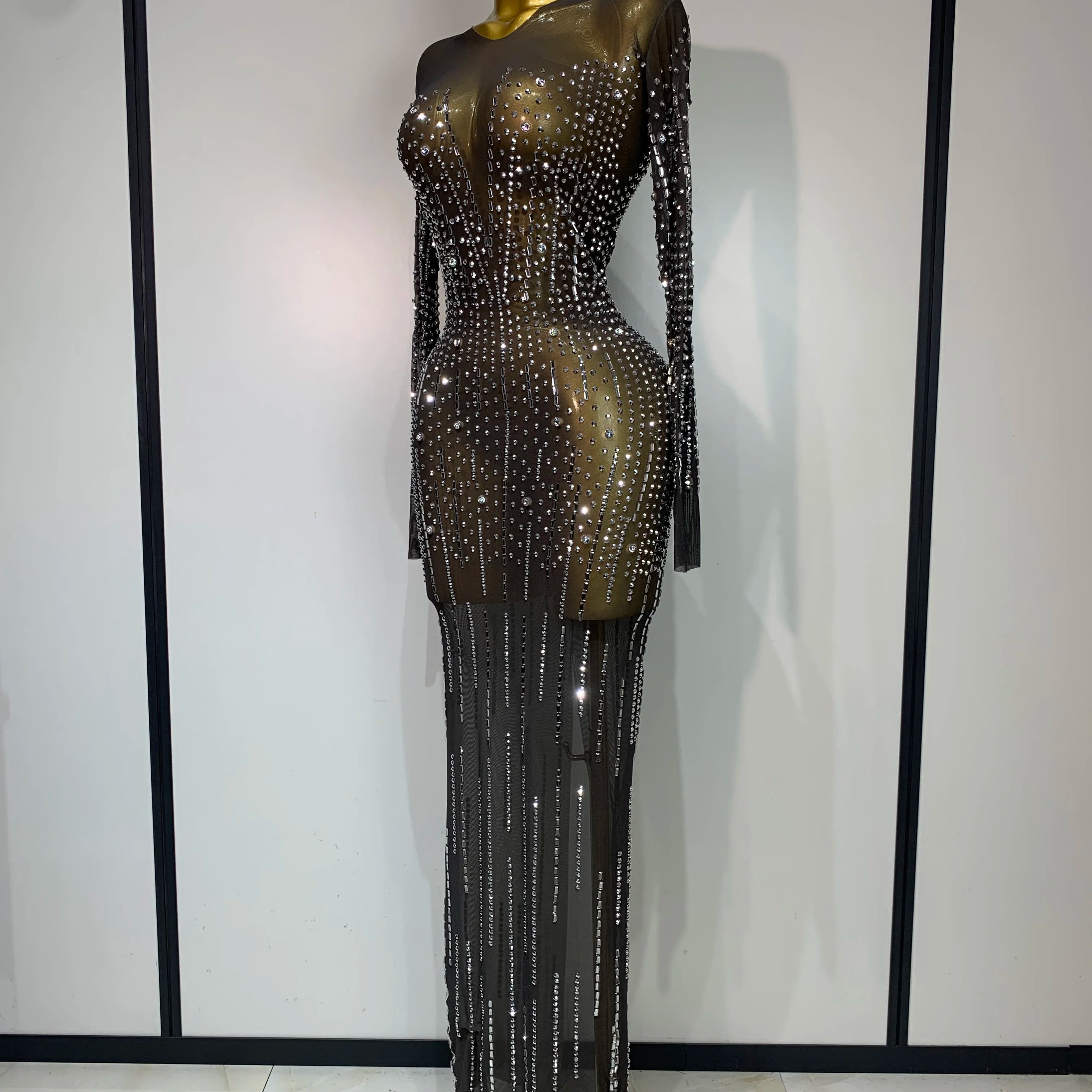 Women Sexy Long Sleeve Mesh See Through Dress 2025 Elegant Evening Party Luxury Birthday Club Rhinestone Performance Costume