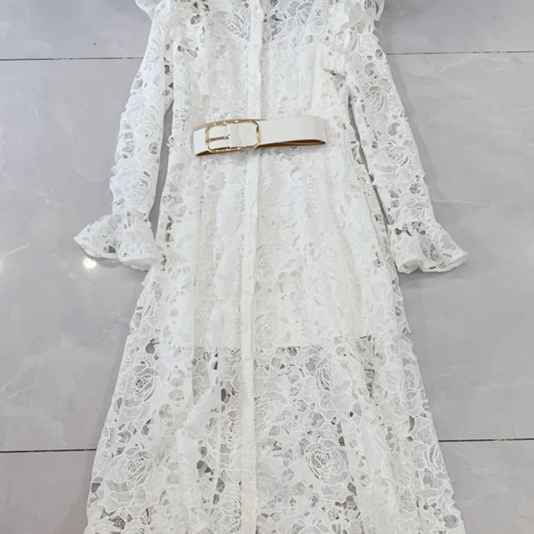 LGRQ Elegant Lace Embroidery Pattern Design Women's Dresses Evening Belt New Hollow Out Luxury Fashion 19F1371