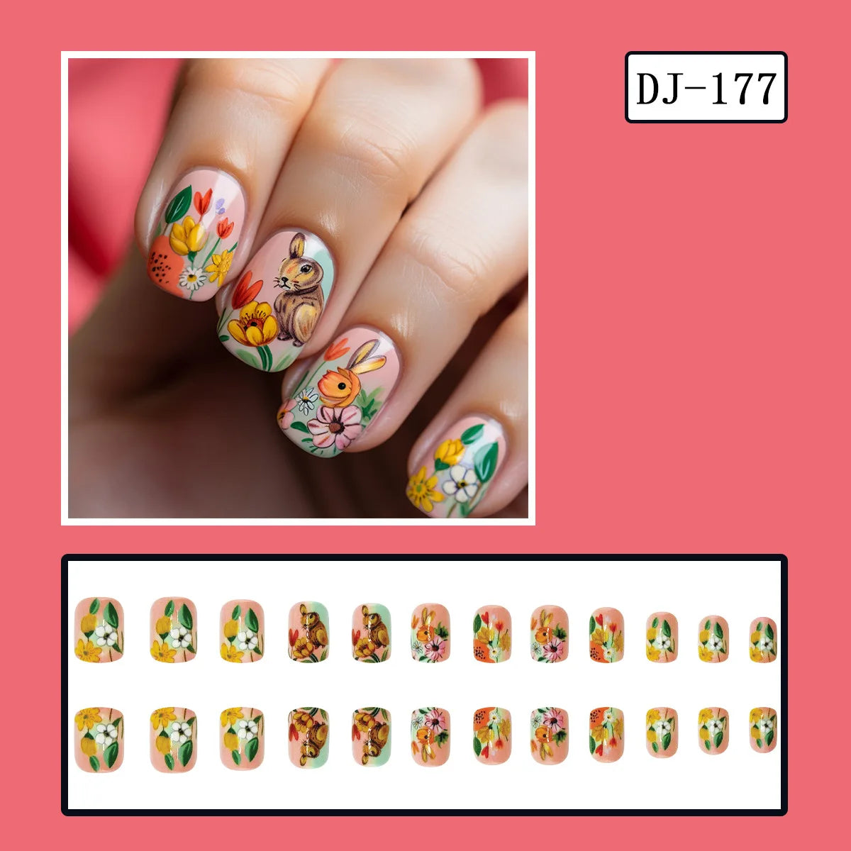 24pcs Easter Cute Rabbit Press On Nails Spring Daisy Flower Design Fake Nail Tips for Girl Women Wearable Short Cute False Nails style 1