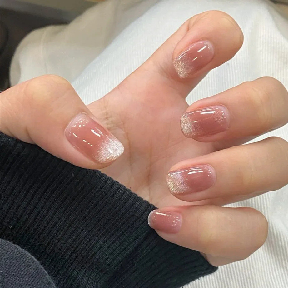 24Pcs French Shiny Cat Eye Fake Nail with Silver Edge Design Short Square Nails Wearable Finished Manicure Jelly Stick on Nails 1