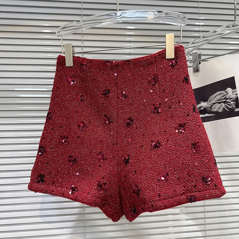 Winter New Fashion Sequin Flower Embroidery Tweed Short Pants For Women High Waist Wide-leg Shorts Female 11A07658