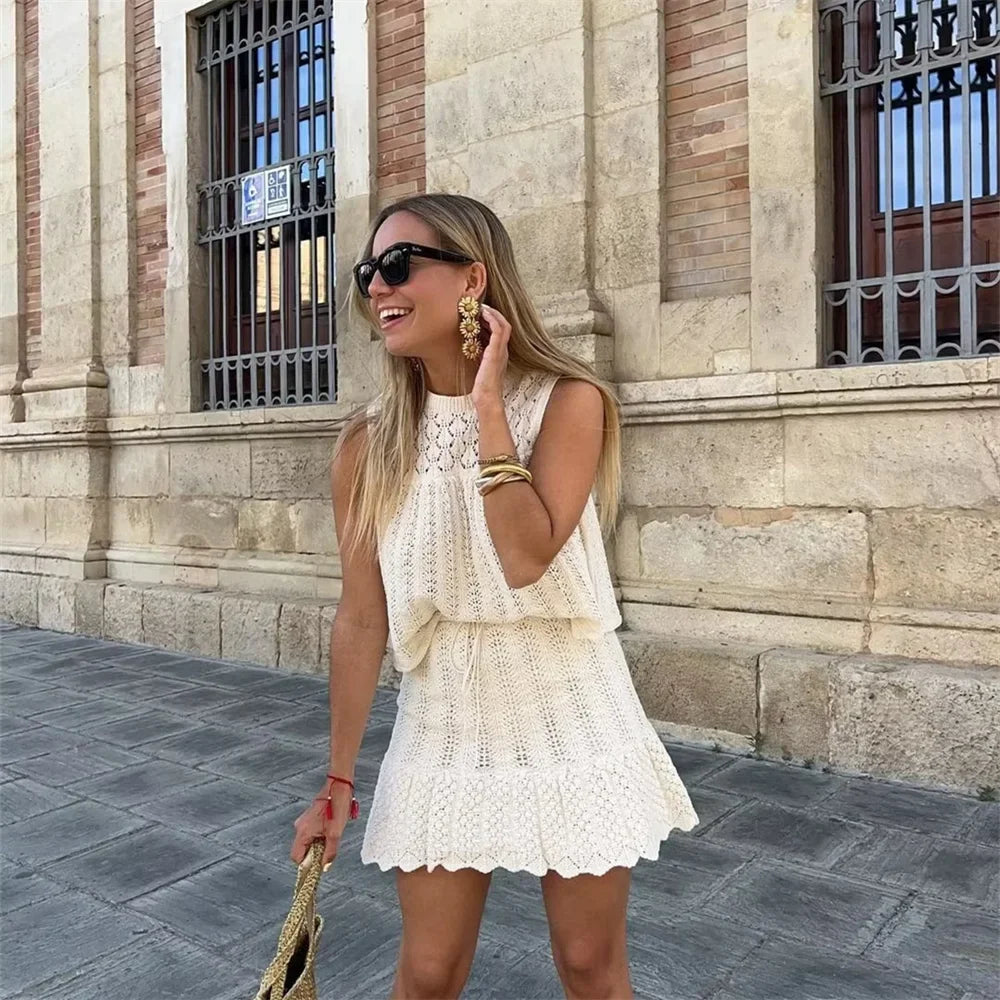 UNIZERA Autumn New Product Women's Fashion Jacquard Hollow out Knitted Top Mini Short Skirt Set