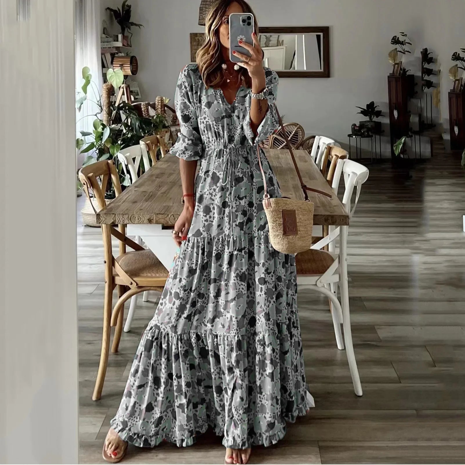 Spring Autumn Flower Print Long Dresses For Women Casual Holiday A-line Beach Dress Fashion Elegant Bohemian Style Maxi Vestidos gray