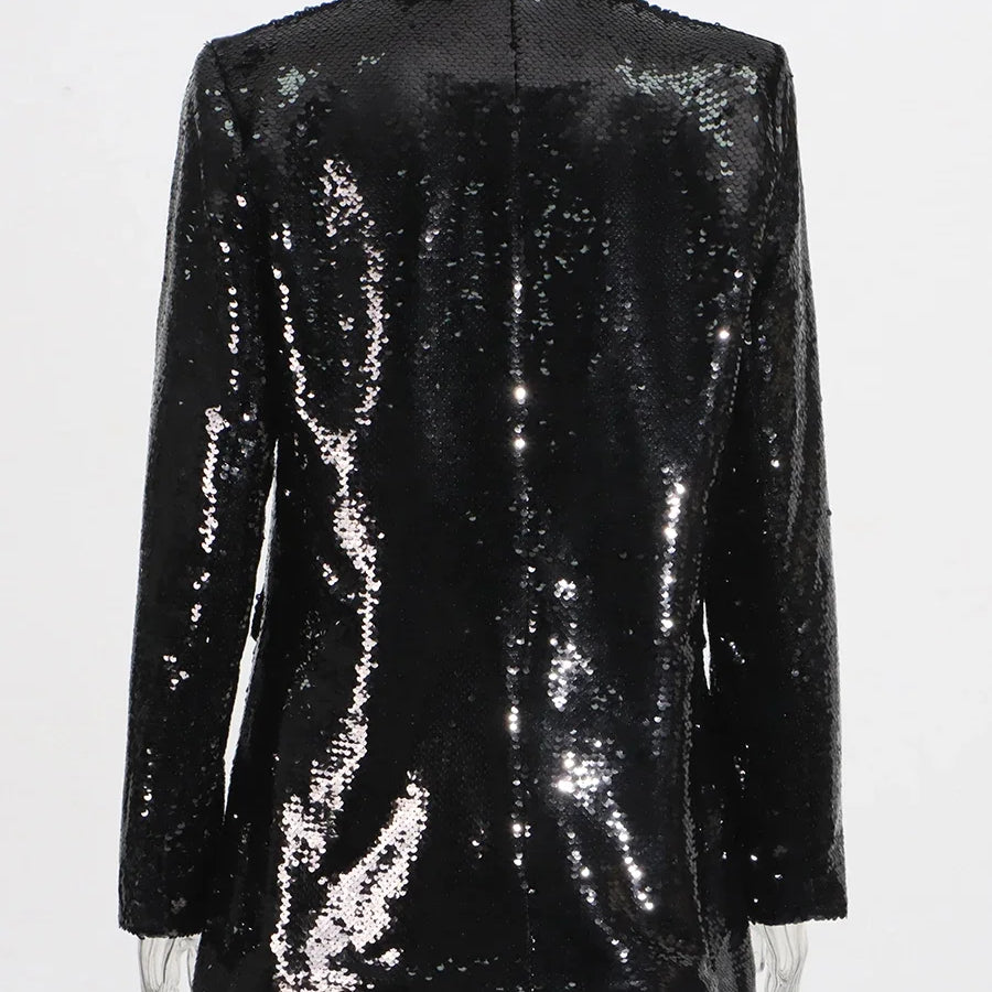 Solid Slimming Spliced Sequins Blazer for Women Lapel Long Sleeves Patchwork Pockets Coat Female Fashion Clothing