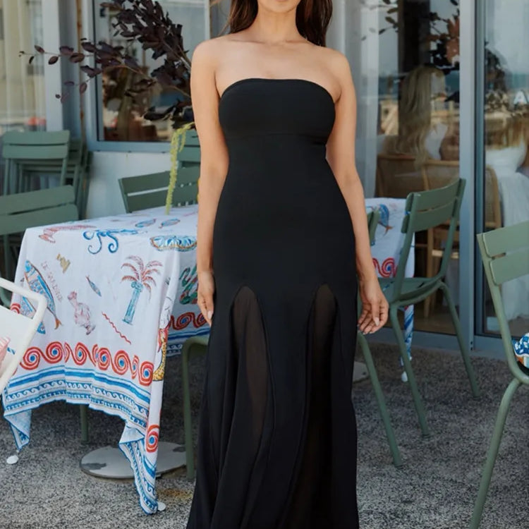 Women Celebrity Sexy Strapless Backless Mesh Maxi Long Bodycon Bandage Dress 2025 Elegant Evening Club Party Outfit