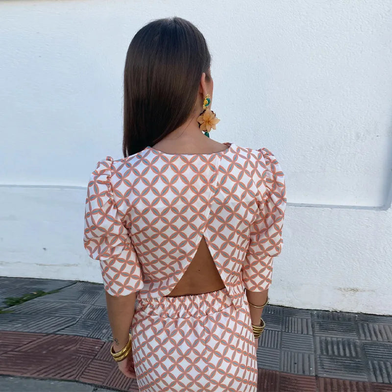 Women Plaid Printed Split Back Midi Skirt Set Fashion O-neck Long Sleeve Cropped Top Suit Lady Elegant Office Outfits