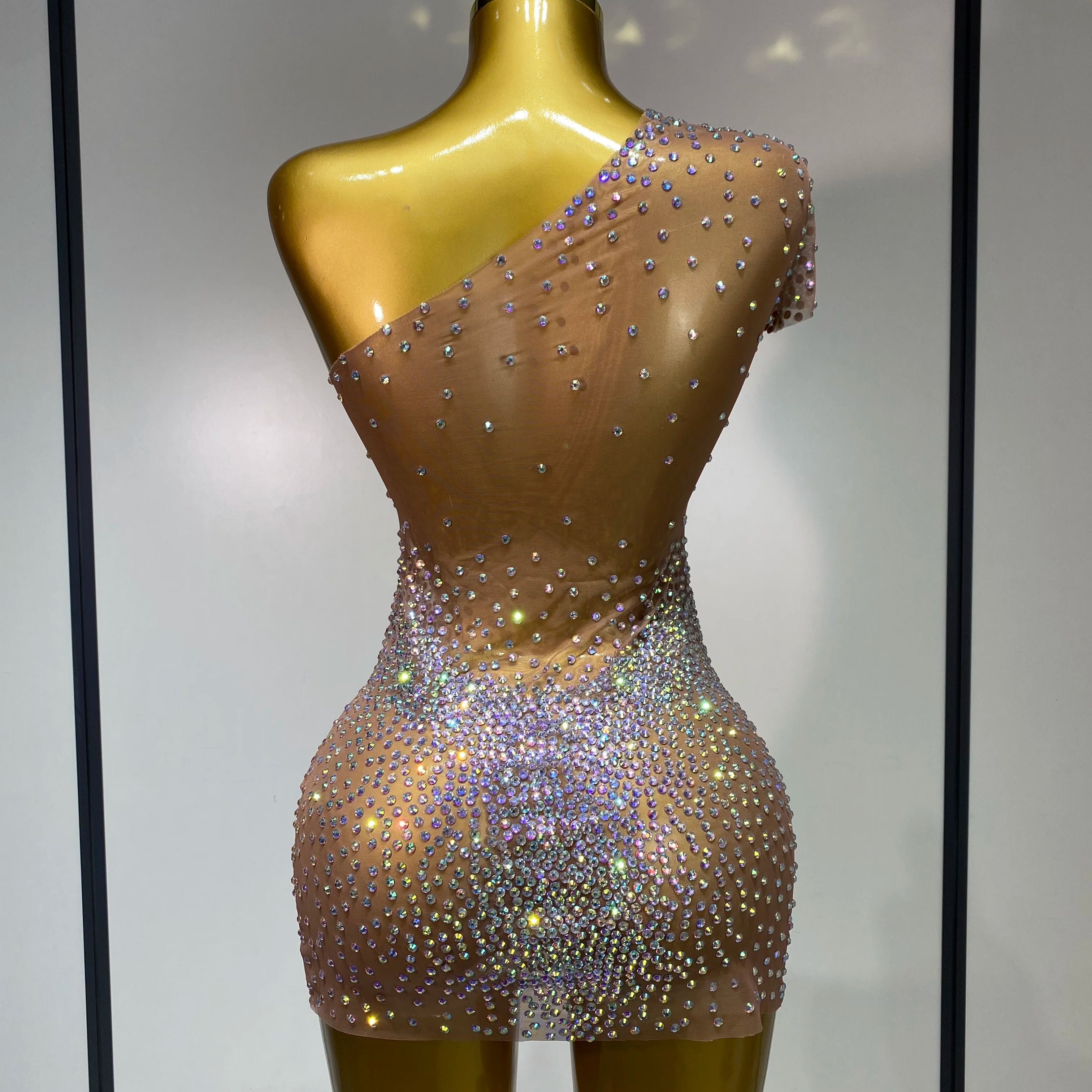 Sparkly Rhinestones Women Sexy One Shoulder Bodycon Mini Dress Mesh See Through Celebrate Nightclub Party Birthday Stage Outfit