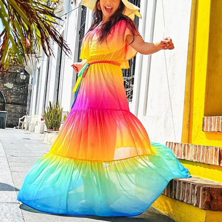 Multicolored Bohemian Ruffled Off Shoulder Self Belted Party Dress Cotton Tunic Women Boho Maxi Dresses Vestidos A324