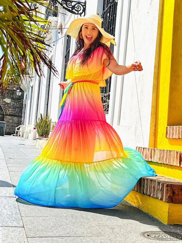 Multicolored Bohemian Ruffled Off Shoulder Self Belted Party Dress Cotton Tunic Women Boho Maxi Dresses Vestidos A324