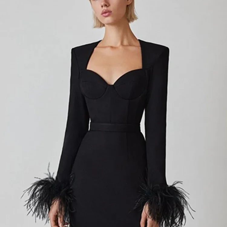 Women Winter Sexy Long Sleeve Feather Hot Pink Black Mini Bandage Dress Elegant Evening Club Party Dress black