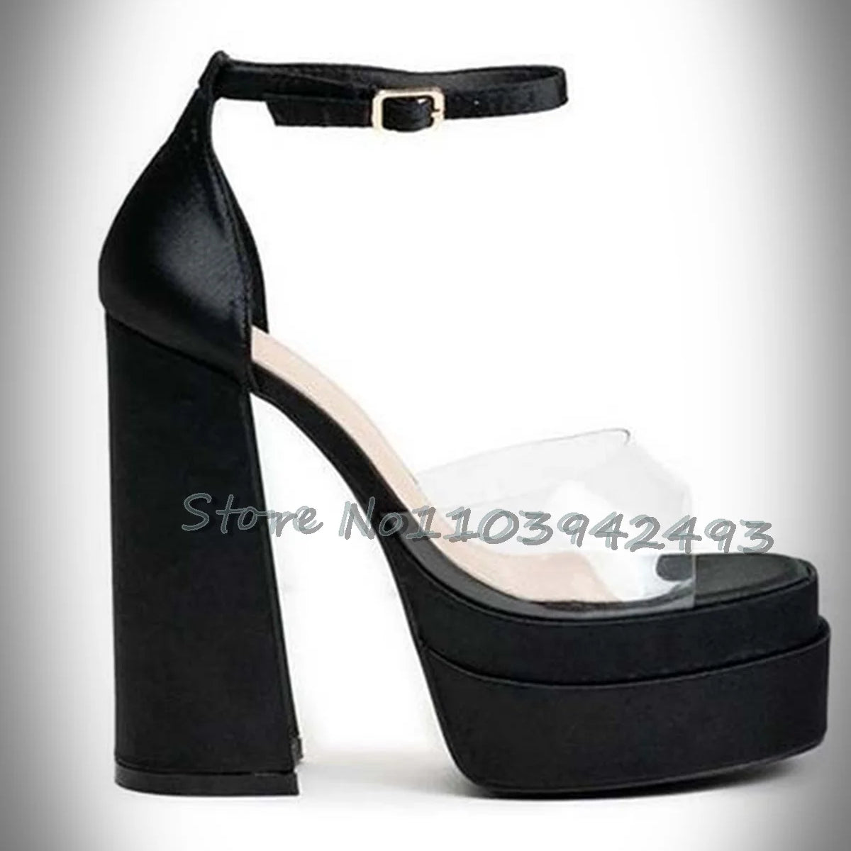 Transparent Pvc Heeled Sandals Open Toe Satin High Heels Platform Square Toe Summer 2025 Ankle buckle Strap Women Luxury Shoes black
