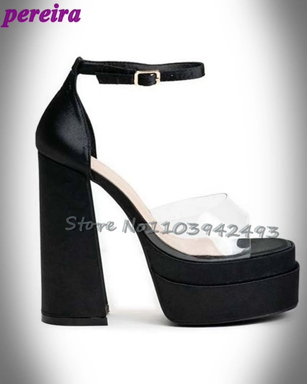Transparent Pvc Heeled Sandals Open Toe Satin High Heels Platform Square Toe Summer 2025 Ankle buckle Strap Women Luxury Shoes black
