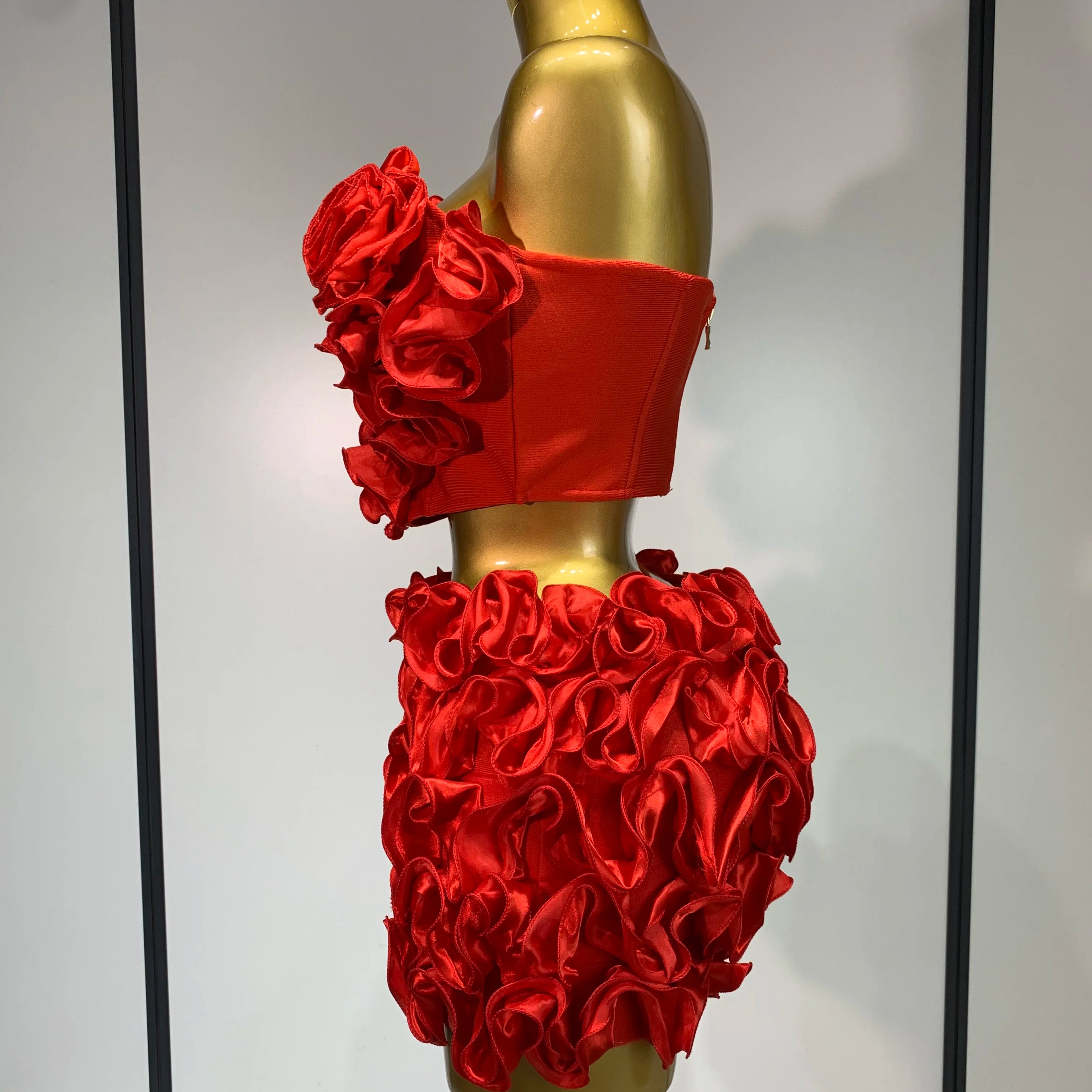 Women Sexy Strapless Red flower Top With Mini Skirt Bodycon Bandage Suit Celebrity Party Cocktail Birthday Two Pieces Set