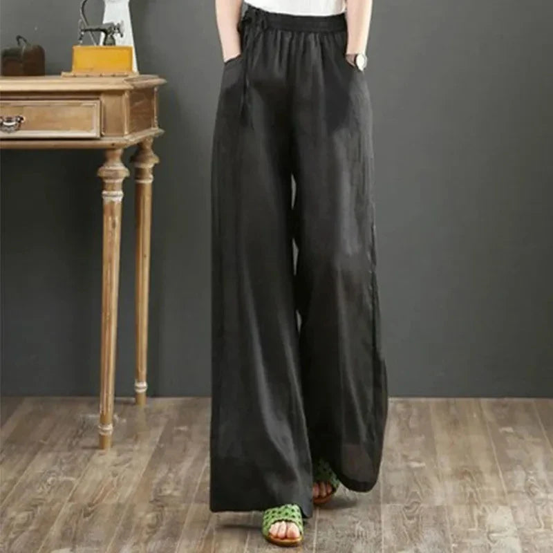 Cotton Linen Wide Leg Pants 4xl Big Size Trousers Women Summer Elastic Waist Casual Ankle-length Pantalones Baggy Sweatpant black