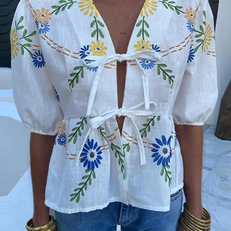 Elegant Flower Print Short Puff Sleeve Shirt Women Fashion Loose V Neck Lace Up Ruffles Blouse Spring Summer Female Streetwear print 02