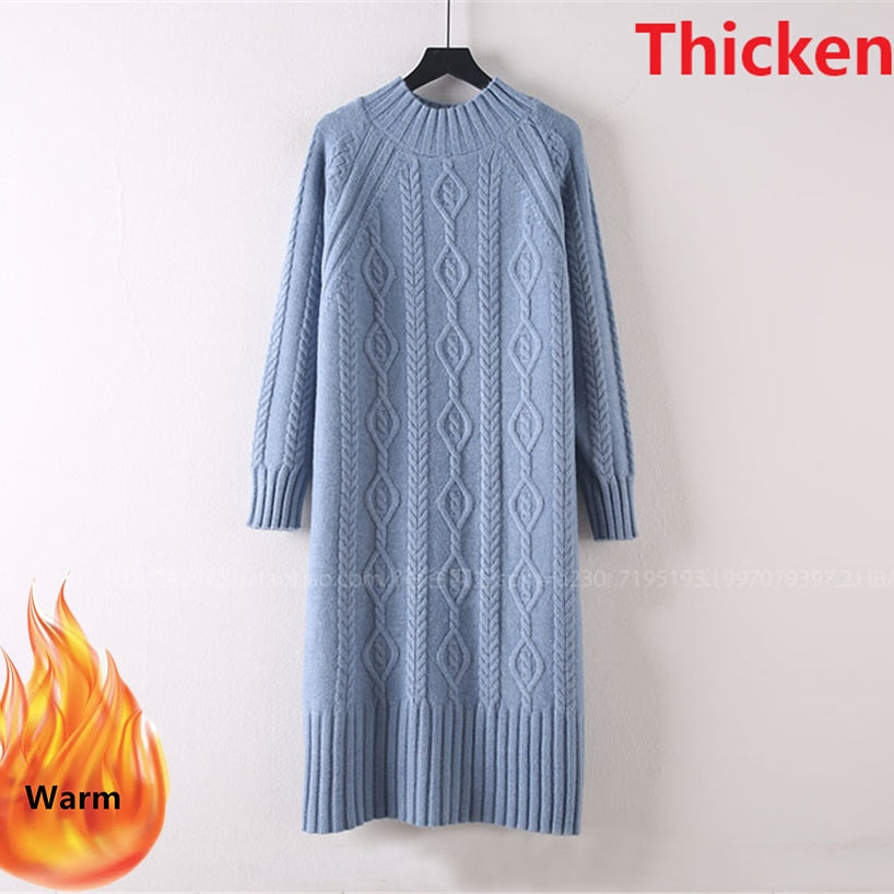 Winter Thicken Plus Velvet Sweater Dress Women's Fall Mock Neck Rib Knit Bottoming Dresses Elegant Warm Vestido Midi With Coats Thicken blue