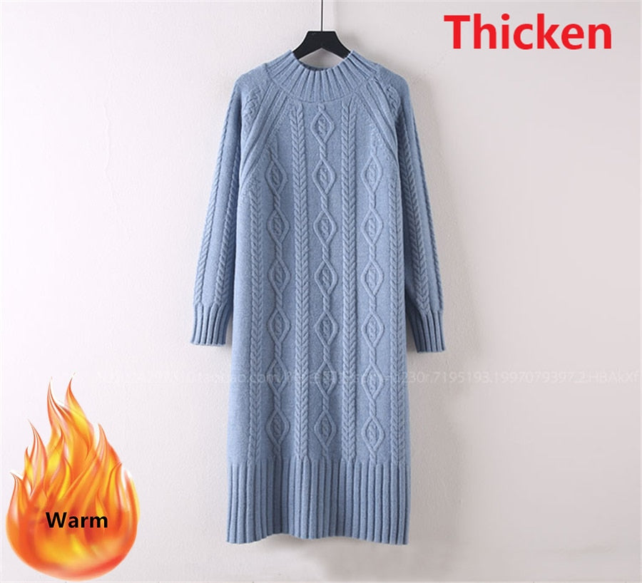 Winter Thicken Plus Velvet Sweater Dress Women's Fall Mock Neck Rib Knit Bottoming Dresses Elegant Warm Vestido Midi With Coats Thicken blue