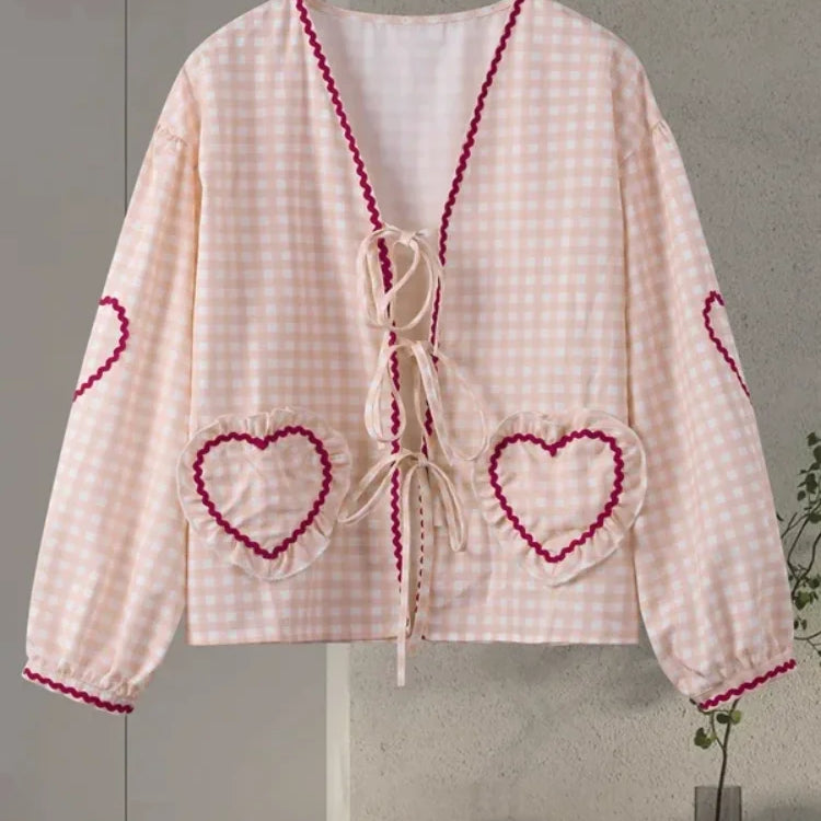 Women Heart Pocket Plaid Shirt Pants Set Casual Lantern Sleeve Lace Up Blouse 2 Piece Sets Summer Loose Drawstring Pants Set