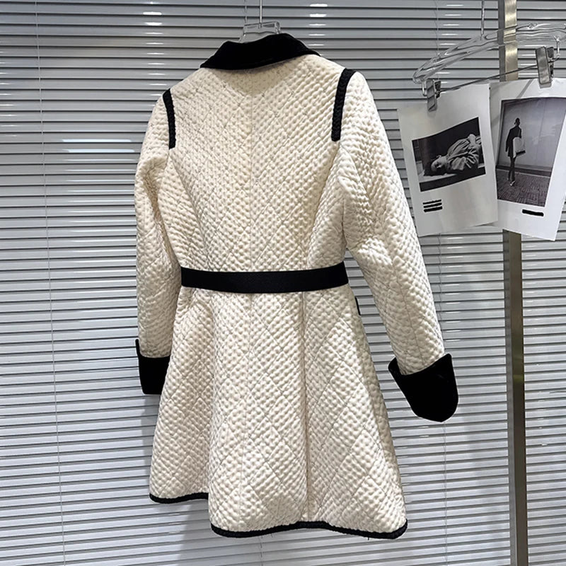 Winter New Fashion Velvet Bow Beaded Cotton Liner Long Trench For Women Elegant High-end Windbreaker Female 11A07766