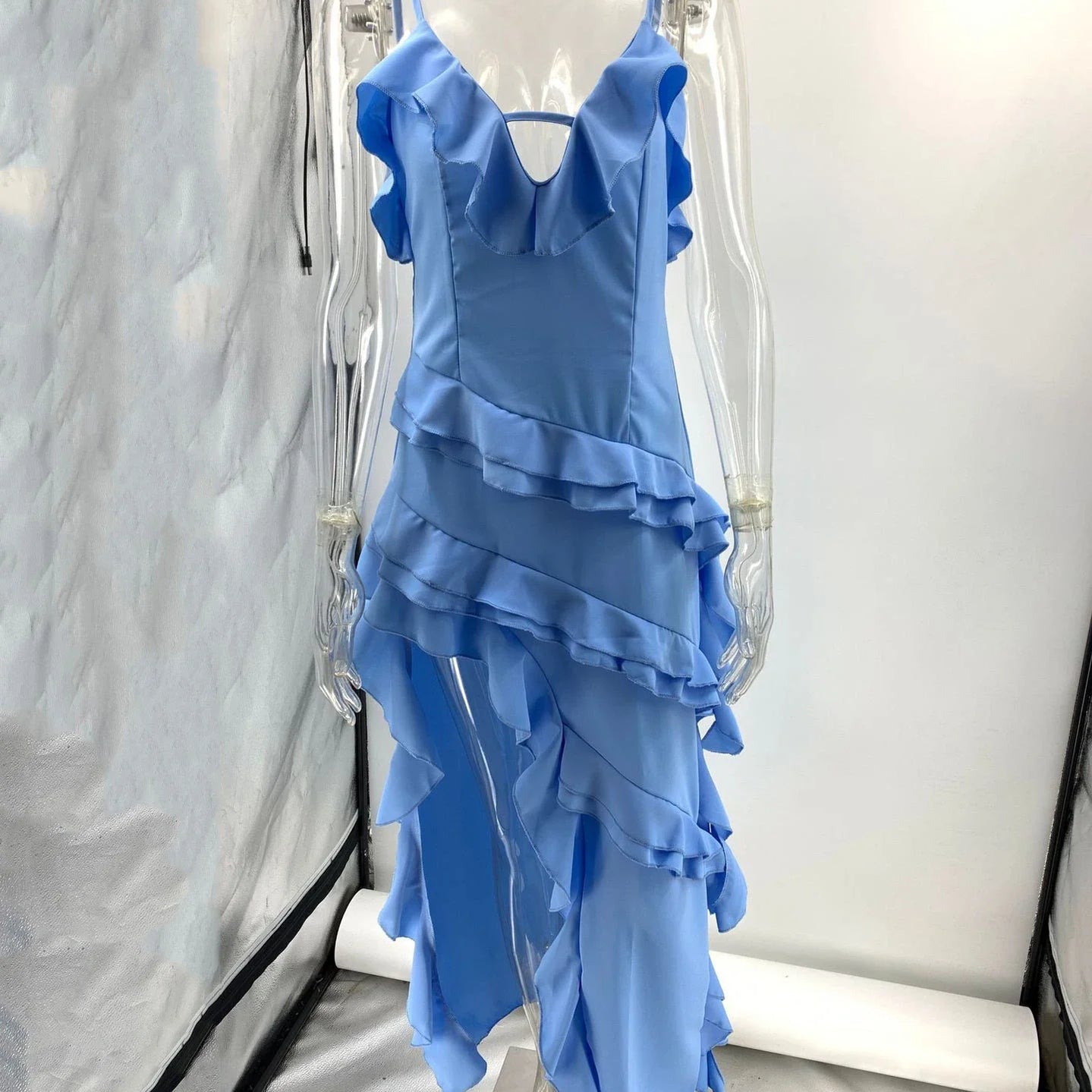 Holiday Maxi Midi Ruffles Beach Dress New Fashion Solid Color A-line Midi Dress Summer Sexy Strap Irregular Dress