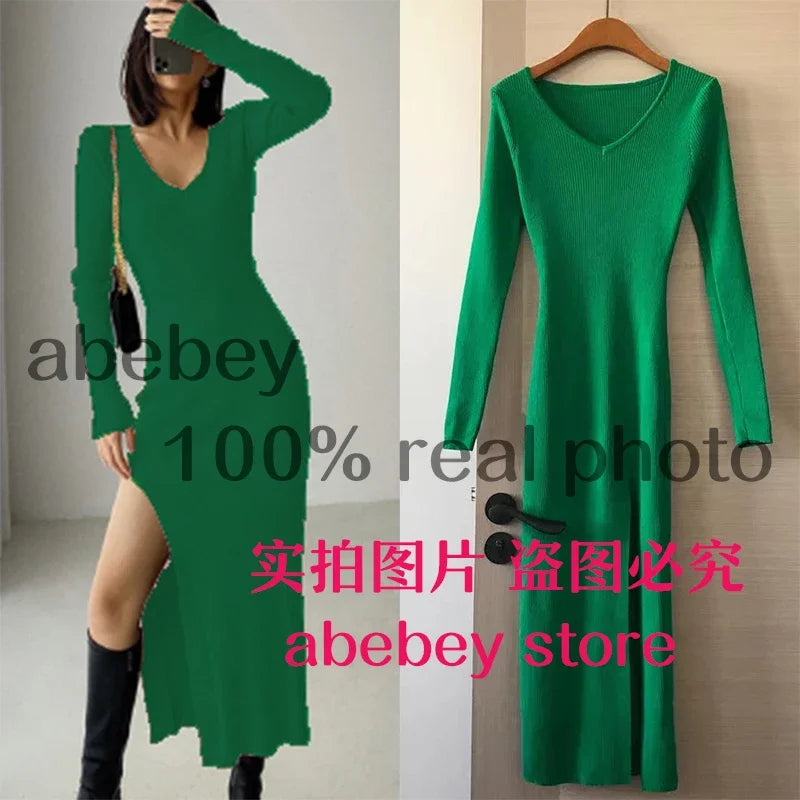 spring and winter sexy French slit sweater dress female slim tight-fitting hip-knit over-the-knee dresses green