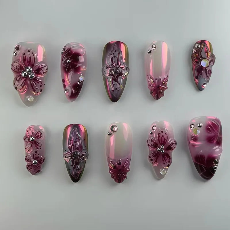 24pcs Wearable False Nails Red Purple Flower Pearl Fake Nail French Short Almond Press on Nails with Rhinestone Design Manicure Z1088