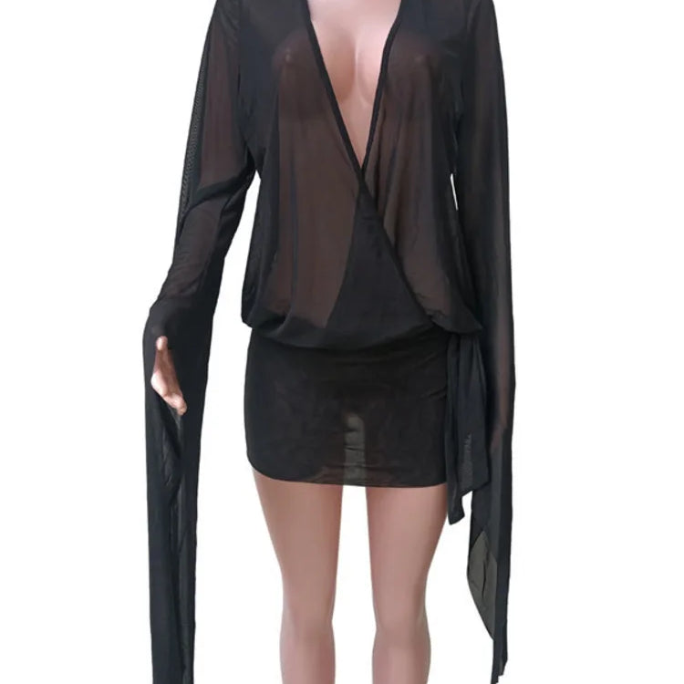 Mesh See Through Sexy Mini Dress For Women Black Sheer Mesh Deep V Neck Long Sleeve Backless Draped Ruched Dress Black