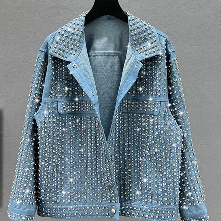 Streetwear Patchwork Rivet Denim Jacket Women Fashion Lapel Long Sleeve Loose Coats Female Outerwear Autumn blue