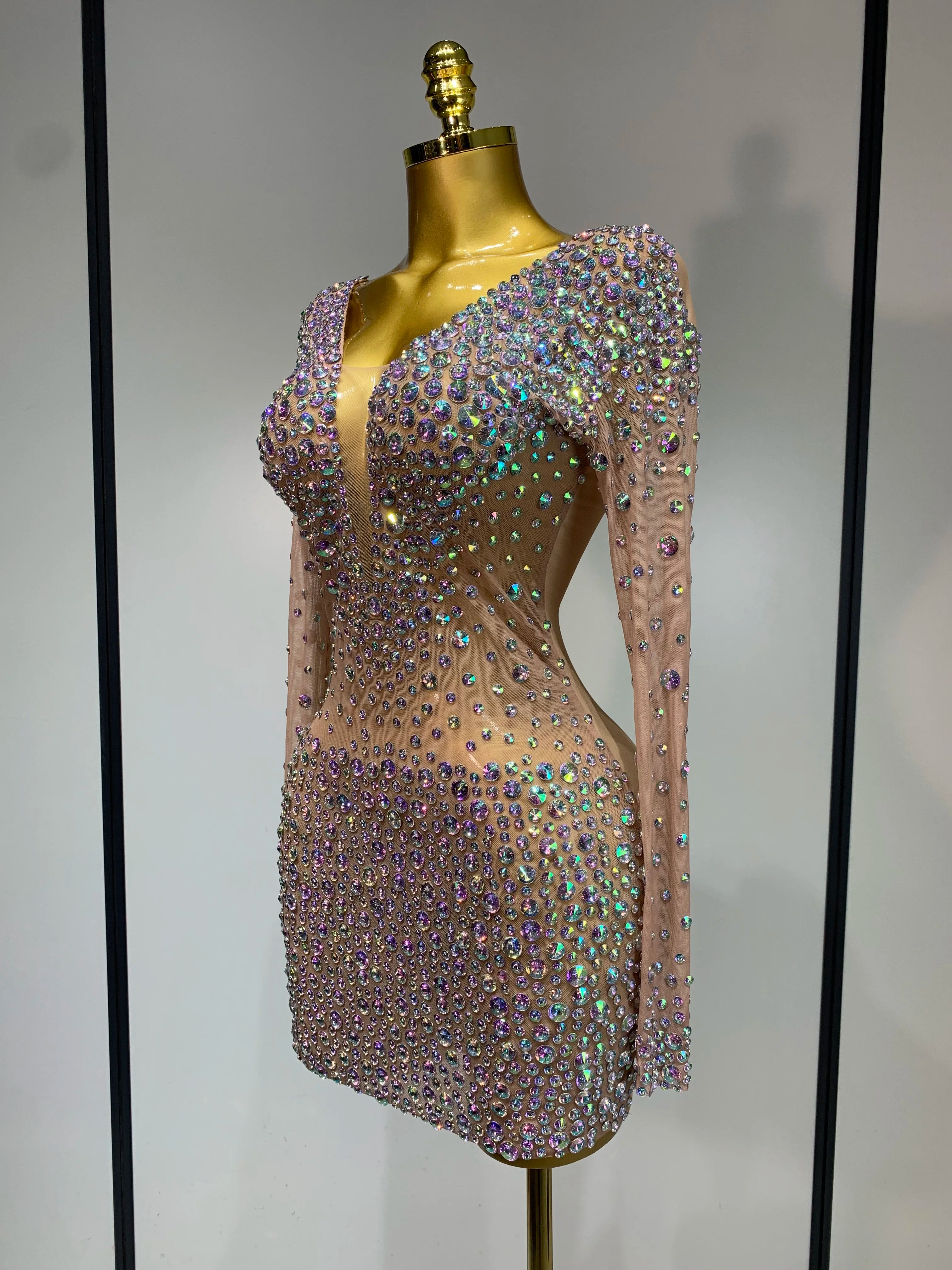 Sparkly Luxury Rhinestones Colourful Mini Dress Women Sexy Mesh See Through Birthday Performance Costume Dancer Stage Wear