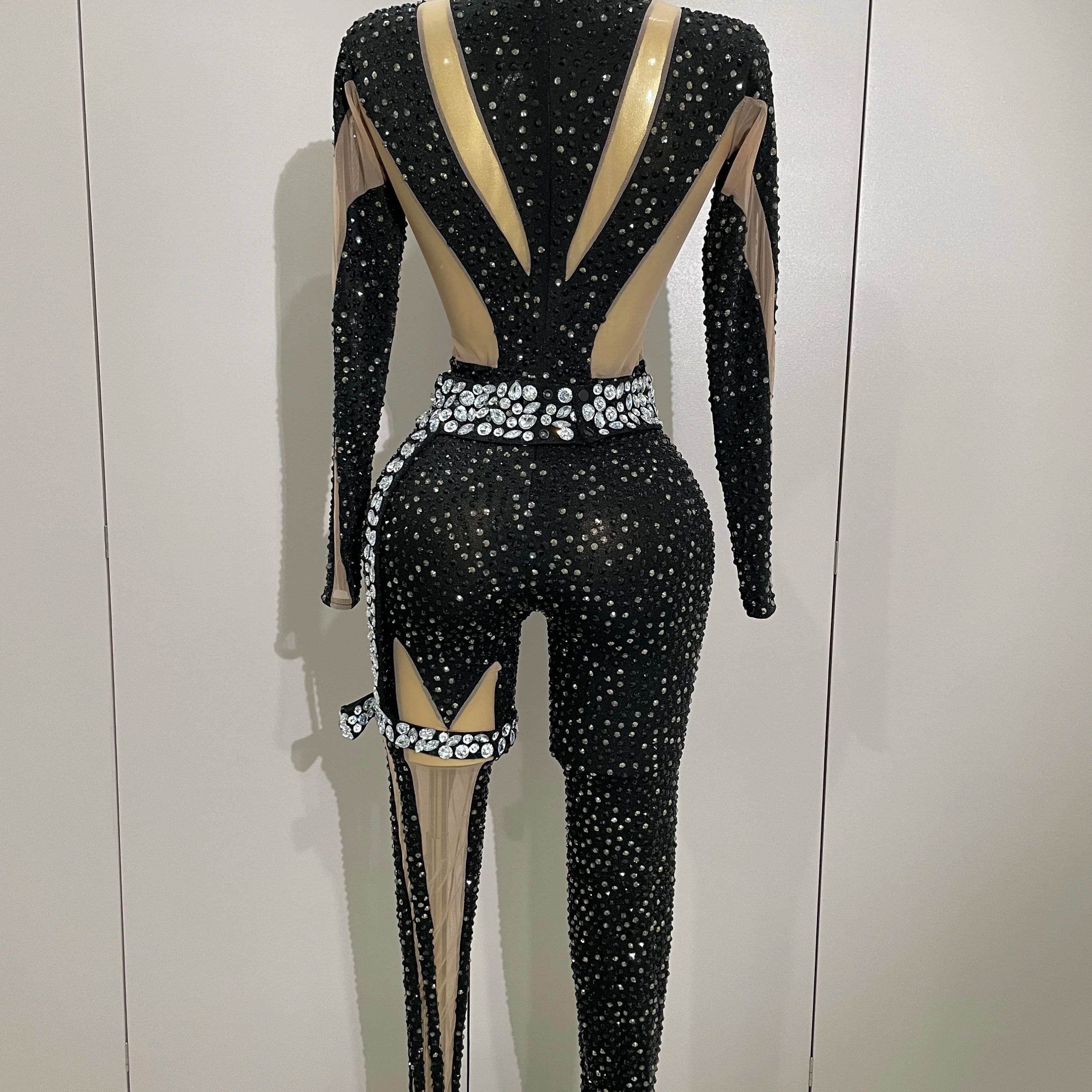 2025Sexy Sparkly Full Diamond Black Perspective Waist Cinching Asymmetrical Mesh Jumpsuit Birthday Party Nightclub Stage Costume