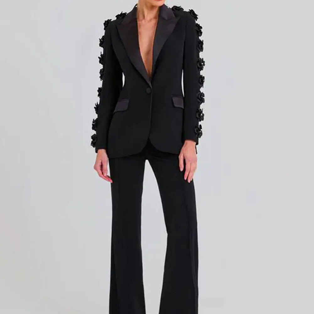 2024 Women Suit Pants Set with Collar, Long Sleeve, Three Dimensional Flower Decoration, Slim Fit Suit Coat+Two Piece Pants Set black
