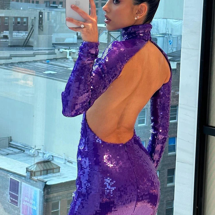 Backless Sexy Dress For Women Evening Party Gown Purple Sequins Sparkle Long Sleeves Slim Mini Dress