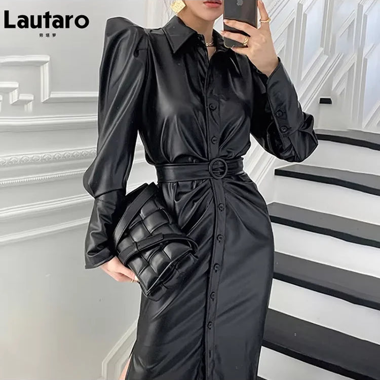 Lautaro Spring Autumn Long Fitted Soft Black Stretchy Pu Leather Shirt Dress Women Puff Sleeve Elegant Luxury Designer Clothes