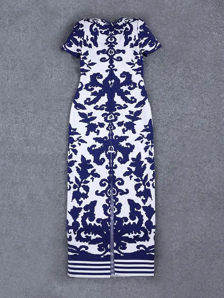 Ailigou Women's Sexy Short sleeved Blue and White Porcelain Printed Tight Long Bandage Dress Elegant Celebrity Party Dress