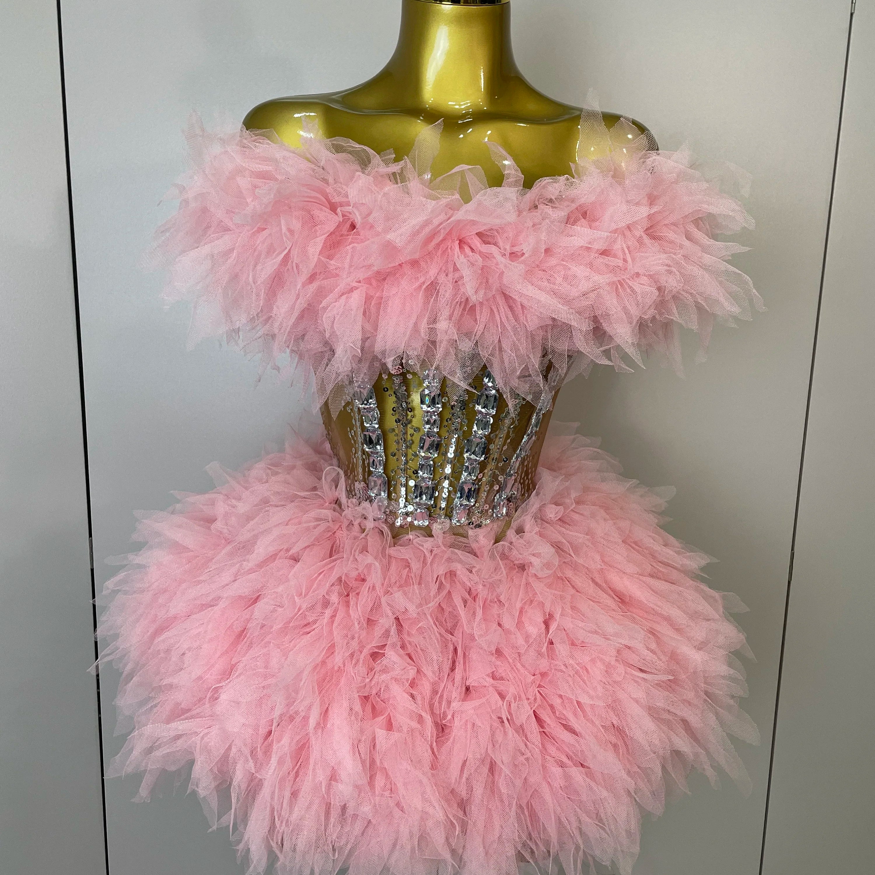 2025Women Sexy Backless Strap Mesh Fluffy Skirt 2 Pieces Diamond Sequins Stage Performance Costume Birthday Party Shooting Dress Pink
