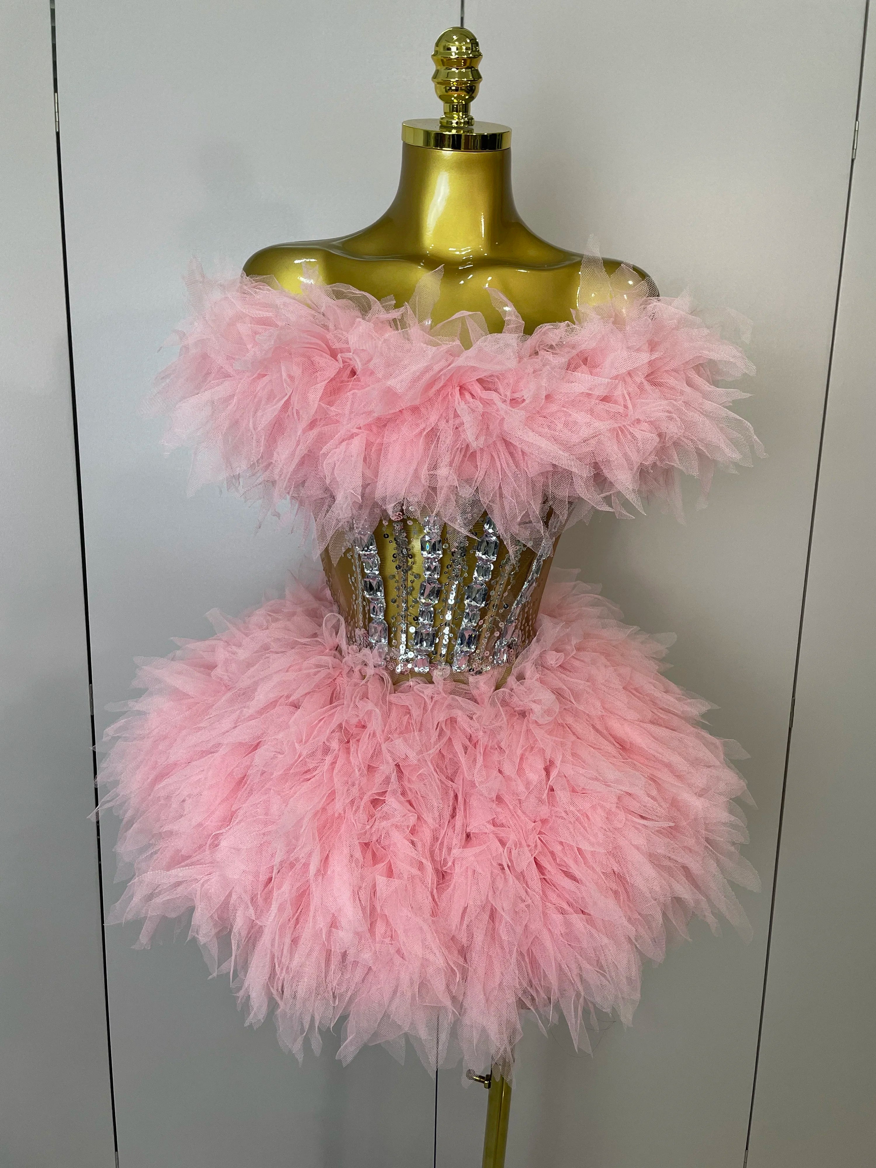 2025Women Sexy Backless Strap Mesh Fluffy Skirt 2 Pieces Diamond Sequins Stage Performance Costume Birthday Party Shooting Dress Pink