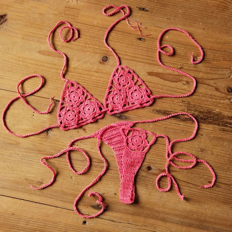Women Sexy Handmade Bikini Sets Crochet Flower Solid Color Lace Thong String Swimwear Sunbathing Swimsuit Beach Wear Lace-up Rose Red one size
