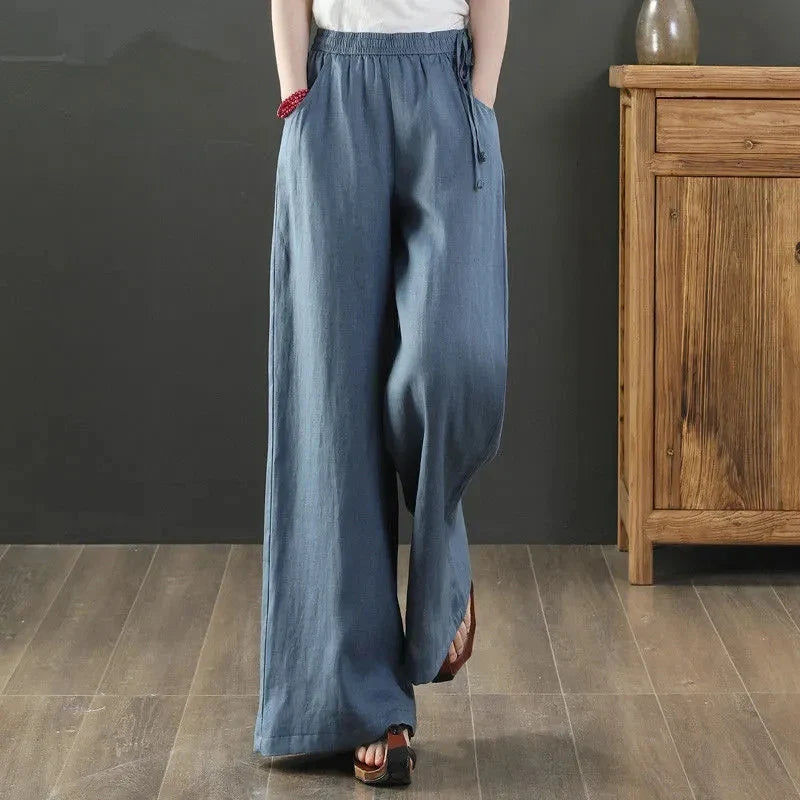 Cotton Linen Wide Leg Pants 4xl Big Size Trousers Women Summer Elastic Waist Casual Ankle-length Pantalones Baggy Sweatpant grey blue