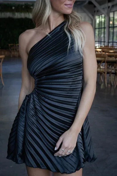 Women Pleated One Shouloder Sleeveless Cutout Waist Dress 2025 Evening Sexy Club Party Evening High Street Dresses Black