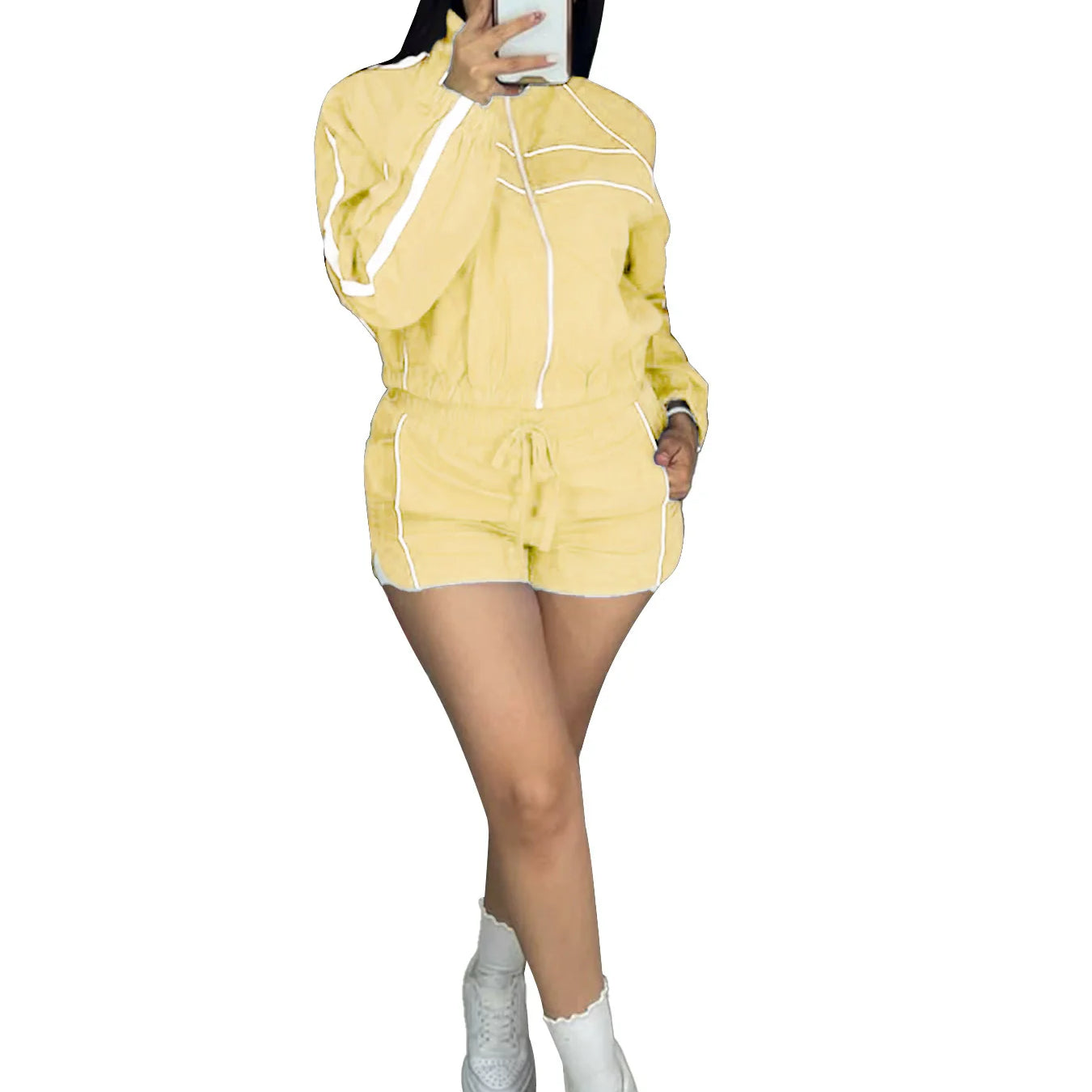 Women's Set Long Sleeve Jacket + Shorts Suit 2025 Summer Streetwear Active Slim Sporty Two 2 Piece Set Outfit Tracksuit Yellow