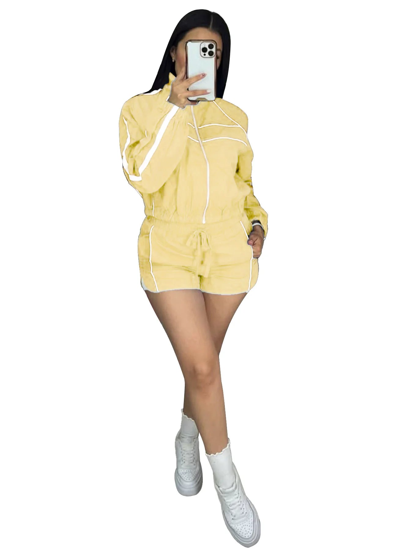 Women's Set Long Sleeve Jacket + Shorts Suit 2025 Summer Streetwear Active Slim Sporty Two 2 Piece Set Outfit Tracksuit Yellow