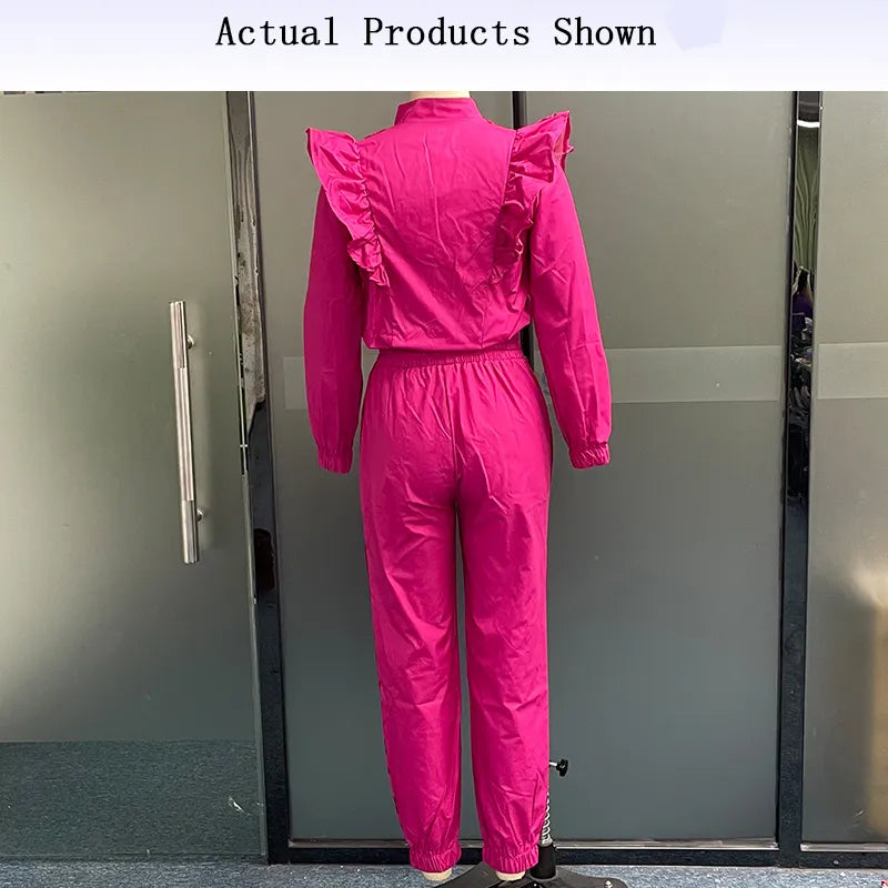 Women Two Piece Set 2024 Autumn Fashion Office Printed Long Lantern Sleeve Zipper Top Drawstring Lace Up Pants Sets